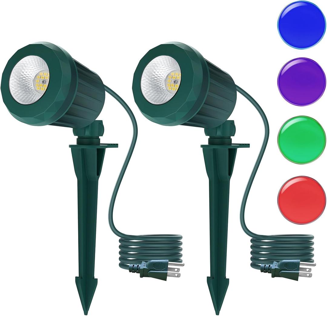Halloween & Christmas Outdoor Spotlight, 6500K Cool White LED Landscape Lighting with 4 Lenses (RGB Purple), IP67 Waterproof, 120V Plug-in for Yard, Garden Tree Holiday Decor(2 Pack, Green)