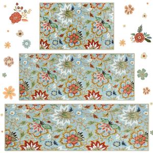 Homcomoda Boho Floral Kitchen Rugs Sets 3 Piece with Runner Kitchen Mats for Floor Non Slip Kitchen Rugs and Mats Washable Kitchen Runner Rug Sets for Hallway Laundry Kitchen, 20"x32"+20"x32"+20"x47"