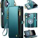 Defencase for iPhone 16 Magnetic Wallet Case Compatible with Magsafe with RFID Blocking Zipper Pocket & Card Holder for Women Men PU Leather Strap Detachable Case for iPhone 16 (6.1 inch), Blue Green