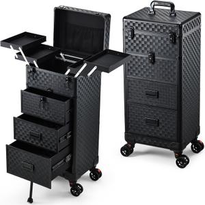 Stagiant Rolling Makeup Case with Drawers Cosmetology Case on Wheels 4 IN 1 Makeup Case 3 Drawers with Foot Stand Spring-release Mechanism Rolling Make Up Organizer for Artist Salon Nail Teach Trunk