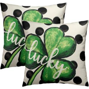 St. Patrick's Day Throw Pillow Covers 18x18 Inch Set of 2 Lucky Shamrock and Cream Dot Cushion Case Square Lucky Clover Green and Cream Throw Pillows Case for Party Sofa Couch Bed Bench Outdoor