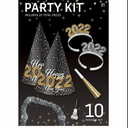 Party Kit with Hats, Tiaras, Blowouts, Noise Makers & Necklaces, Black/Gold, 10 Person Pack, for New Year's Eve