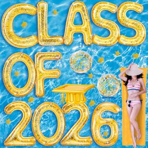 Sumind 14 Pcs Class of 2026 Pool Float Decorations, 30 x 40 in Extra Large Inflatable Letters, Glitter Prom Party Decor with Grad Cap & Ball for Grad Pool Party, Photo Props, Graduation Games (Gold)