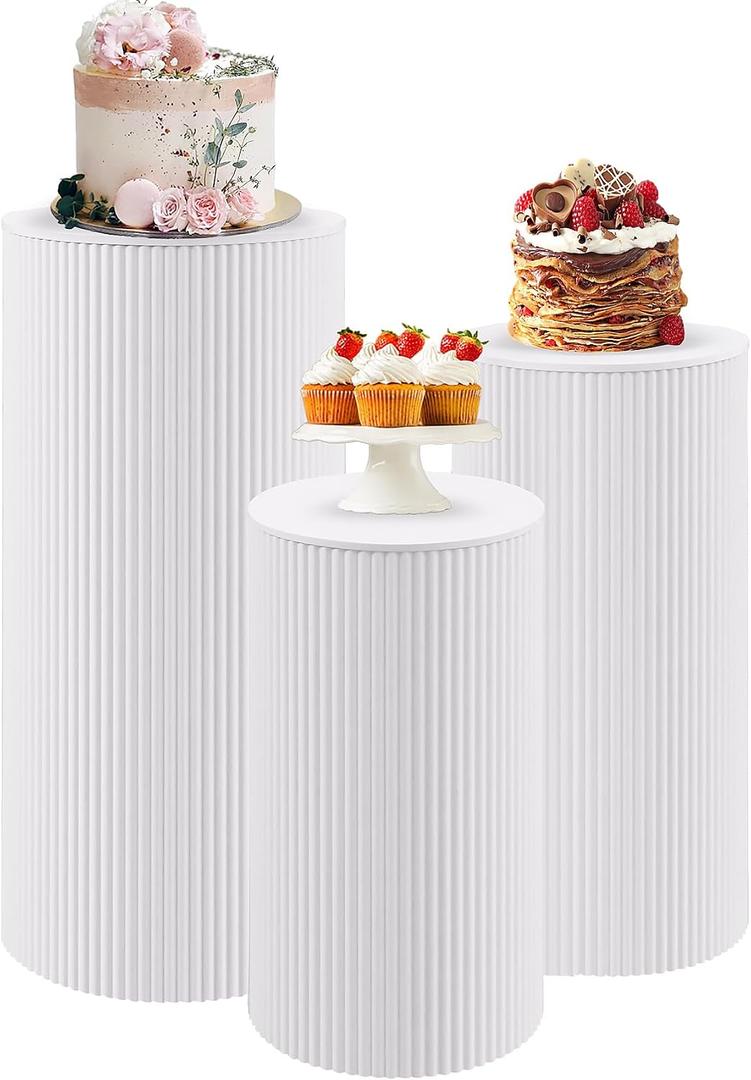 JALANCY Metal Pleated Cylinder Pedestal Stands for Party, 3 Pieces Heavy Duty Round Cake Pedestal Stand Display Plinth Pillars Art Decor for Wedding Ceremony Birthday Party（Large, White）