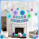 17 Pcs Winter Wonderland Decorations Kit, Blue Purple Teal Hanging Snowflake Ornaments, Happy Birthday Banner, Paper Fans, Pompoms Set for Girls 1st 2nd 3rd 4th 5th Frozen Themed Birthday Supplies
