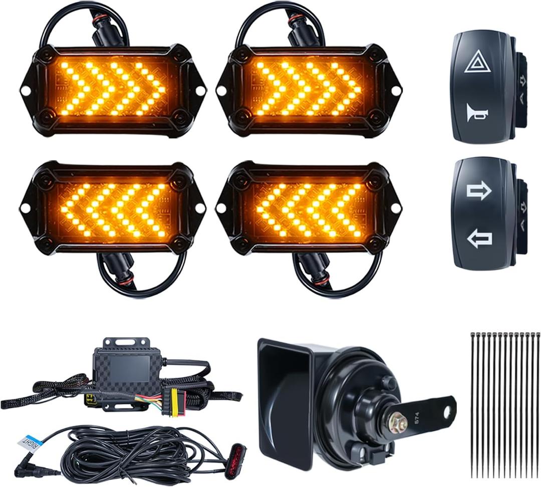 UTV Turn Signal Kit with 110dB Horn, Pre-Wired, Plug and Play UTV ATV Blinker with Rocker Switch, Rectangle Universal Street Legal Turn Signals Compatible with Polaris, Can-Am, Teryx, CFMOTO