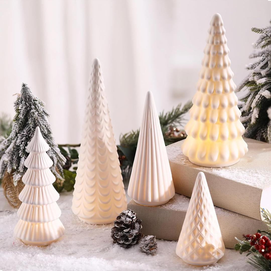 Weysat 5 Pcs 9.8in Lighted Ceramic Christmas Tree White Light Up Tabletop Decoration Porcelain Xmas Tree with Light Assorted Figurine Gift for Mantle Desktop Window Holiday Table Centerpiece Decor