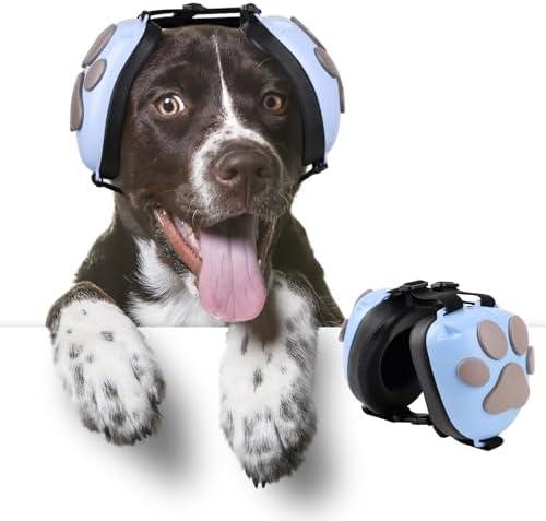 Famikako Upgraded Dog Ear Muffs for Noise Protection - 22dB NRR Noise Cancelling Headphones with Dog Paw Design, Calming Earmuffs for Thunder, Fireworks & Hunting (XXL, Light Blue-Gray)