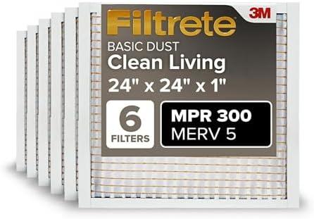 Filtrete 24x24x1 Air Filter, MPR 300, MERV 5, Clean Living Basic Dust 3-Month Pleated 1-Inch Air Filters, 6 Filters