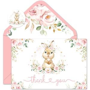 FYSUIMU 50 Pack Easter Thank You Cards Boxed Pink Floral Bunny Greeting Cards Rabbit Flower Blank Note Card with Envelopes Stickers for Spring Birthday Baby Shower Party Supplies