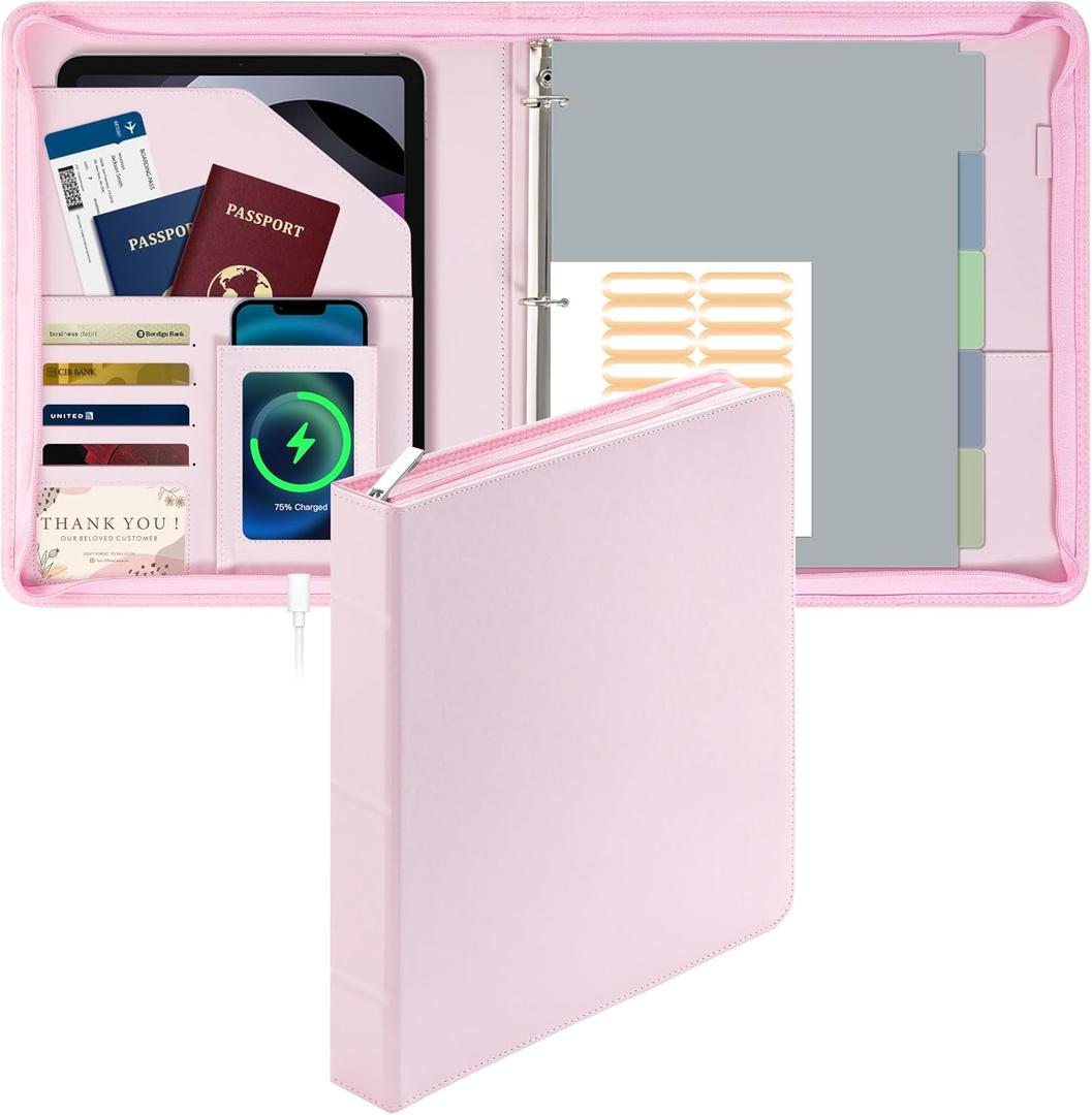 EYROZILL Zippered Leather 3 Ring Binder Organizer with Pockets  Business Portfolio Folder with Card Slots, Phone Holder, Pen Loop (Pink) (1 IN)