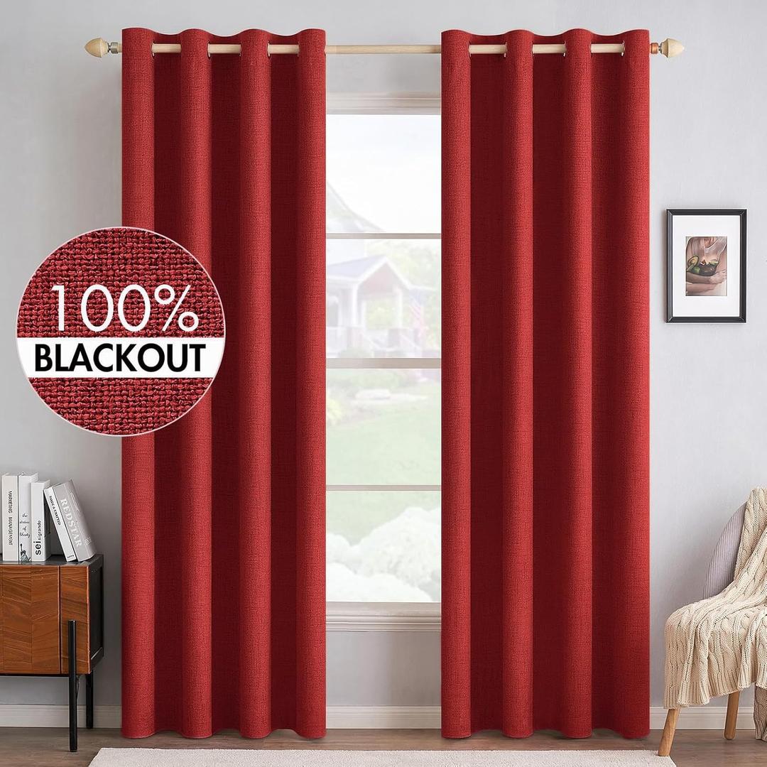 MIULEE Linen Curtains for Bedroom 100% Blackout Thermal Insulated Red Grommet Room Darkening Curtains & Drapes Christmas Decor for Living Room Nursery 52 x 90 Inch (2 Panels)