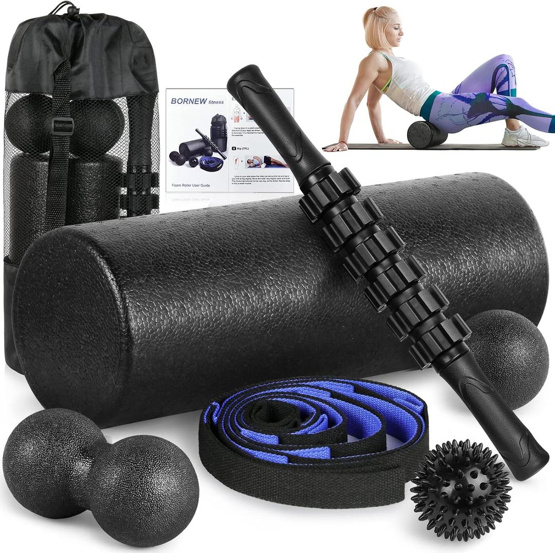 Foam Roller Set - High Density Back Roller, Muscle Roller Stick,2 Foot Fasciitis Ball, Stretching Strap, Peanut Massage Ball for Whole Body Physical Therapy & Exercise, Back Pain, Leg, Deep Tissue (16.5-inch Foam Roller)