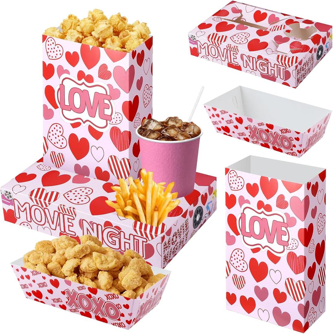 Crtiin 72 Pcs Valentine's Day Party Supplies Movie Night Paper Snack Trays Heart and Love 24 Snack Boxes, 24 Food Trays, 24 Popcorn Bags for Home Valentine's Day Night Birthday Party Theater(Elegant)