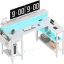 Lufeiya White L Shaped Gaming Desk with Fabric Drawers and Storage Shelves, 47 inch Home Office Desk with Monitor Stand, Computer Desk with LED Lights and Power Outlets, White