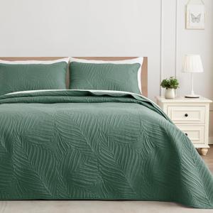 Exclusivo Mezcla Queen Quilt Bedding Set, Lightweight Green Quilts Queen Full Size for All Seasons, Soft Microfiber Bedspreads Coverlets Bed Cover with Leaf Pattern, 3 Piece (Queen (90''X96''))