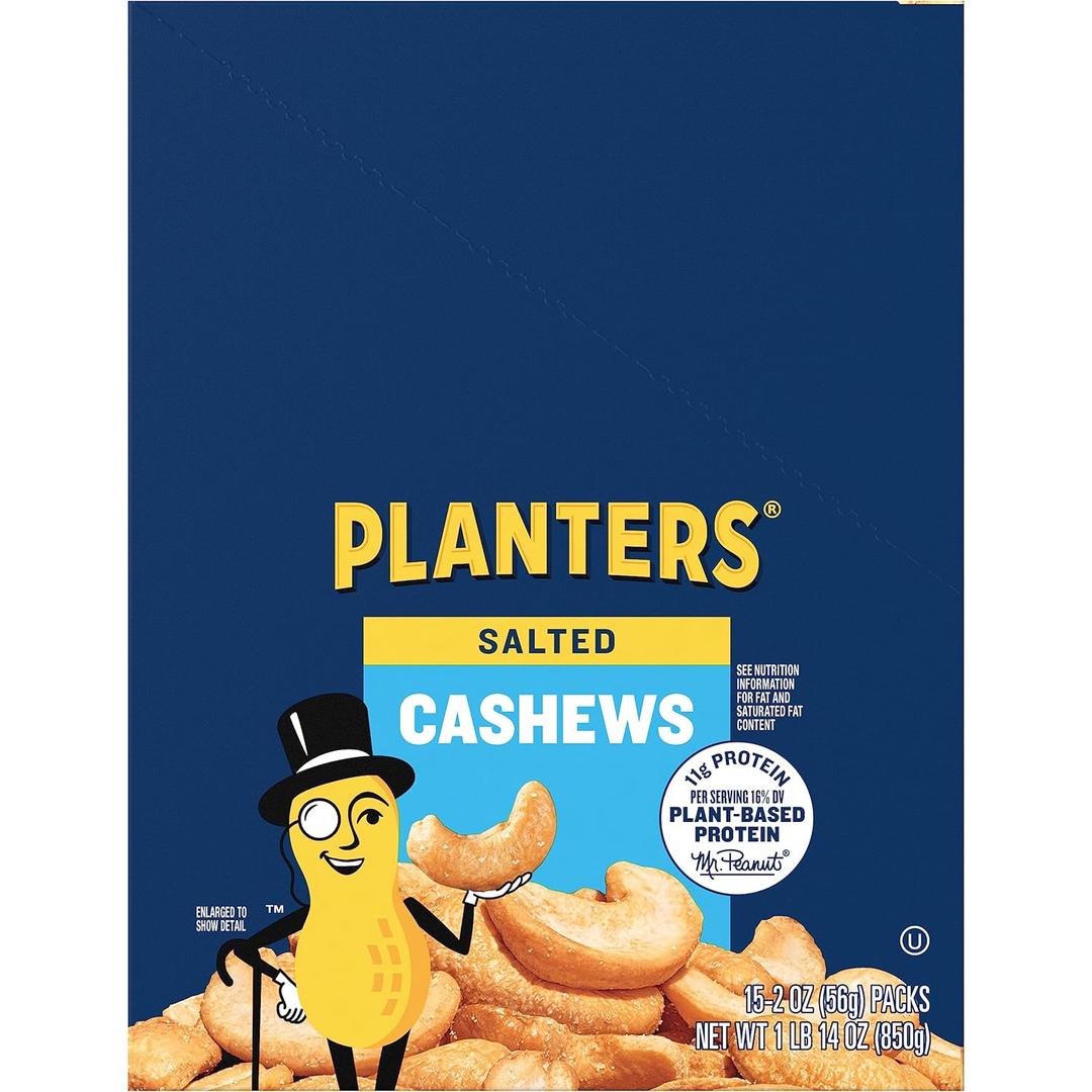 PLANTERS Salted Whole Cashews, Plant Based Protein, 2 Oz (15 Ct) (EXP 12/01/27)