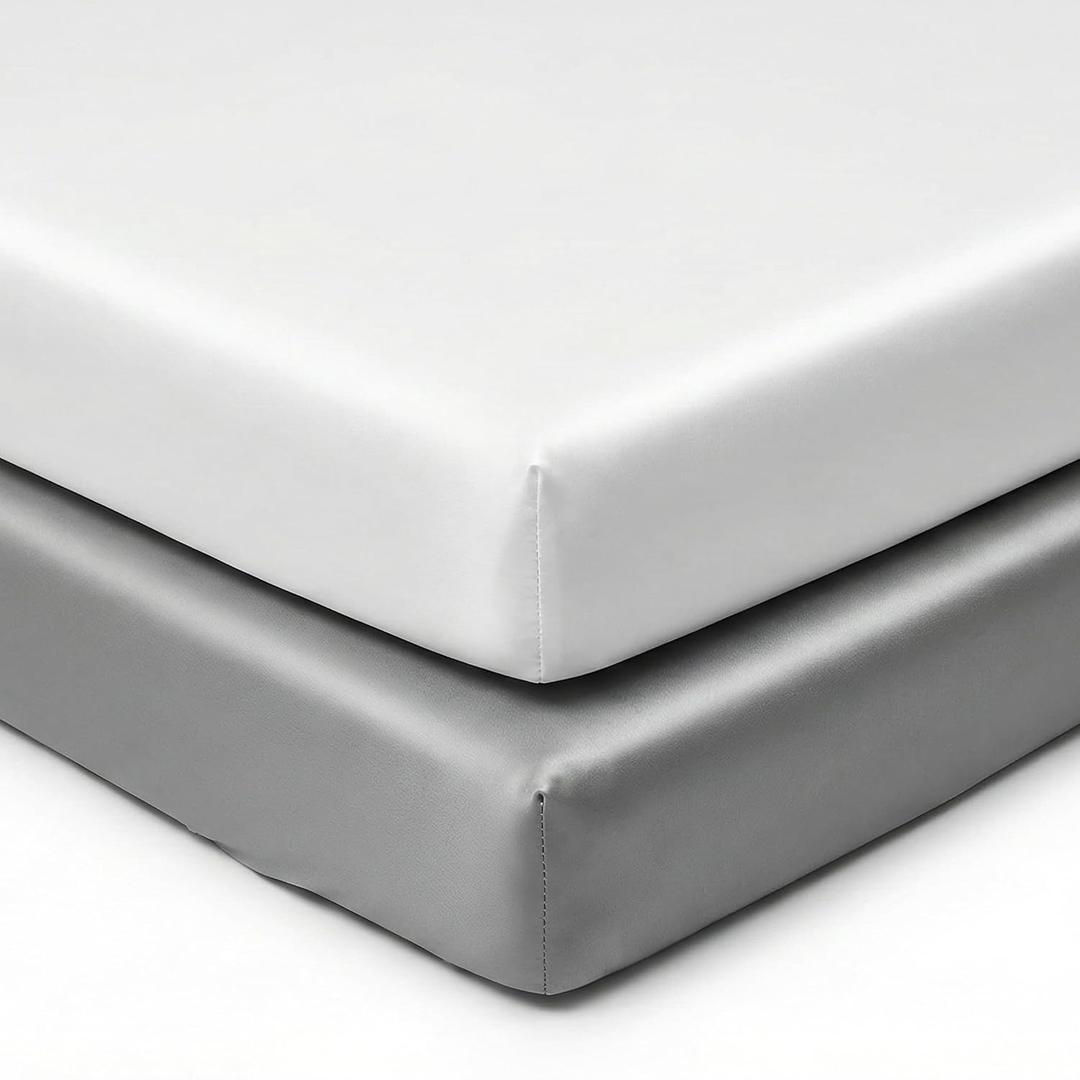 Pro Goleem Satin Mini Crib Sheets 2 Pack, Grey & White Silky Soft Fitted Sheet for Baby Hair Protection, 38"x24"x5" Breathable Mattress Cover Compatible with Pack n Play & Portable Crib