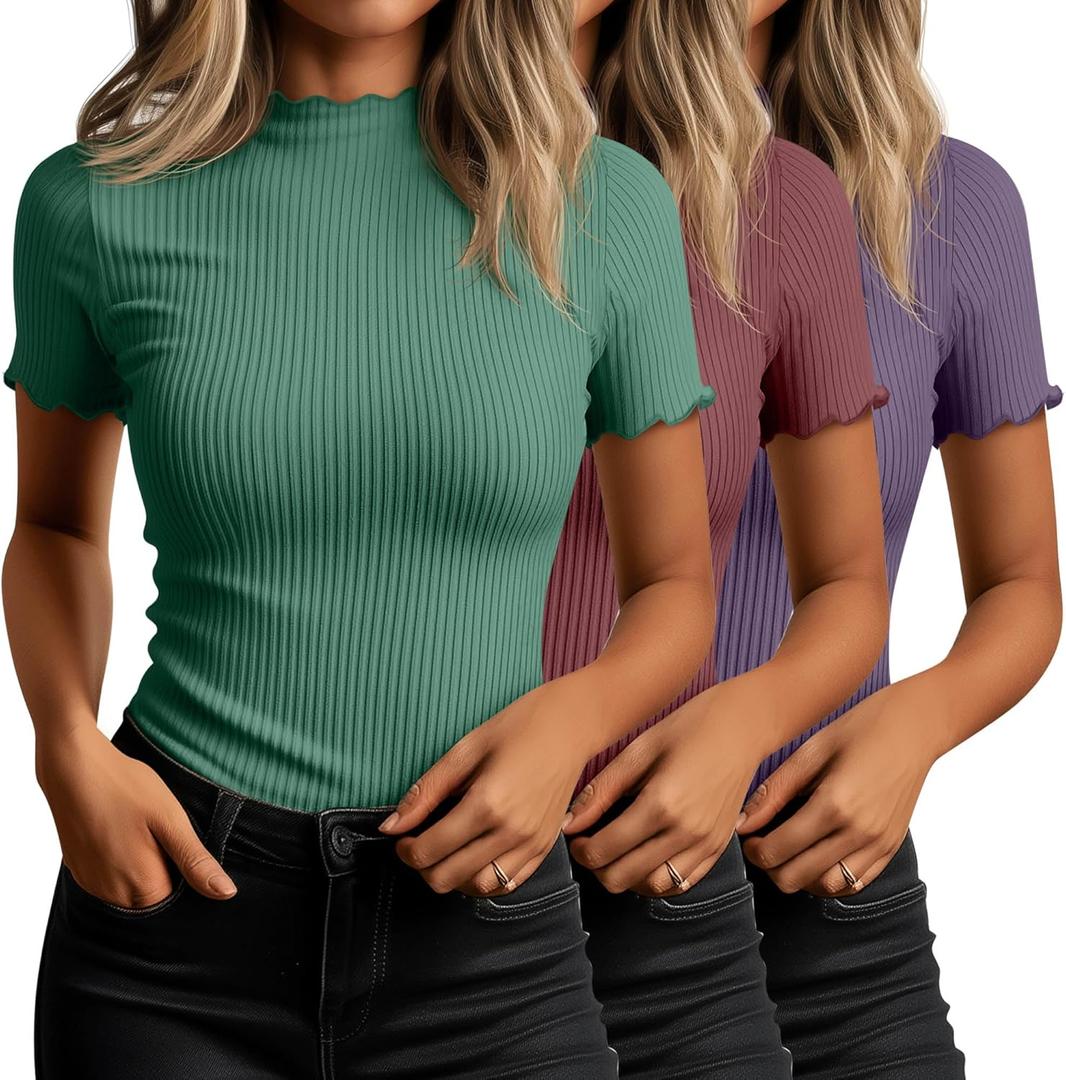 Huukeay 3 Pack Women's Mock Turtleneck Tops Short Sleeve Cotton Lettuce Trim Ribbed Shirts Slim Work Business Casual Outfits, Medium