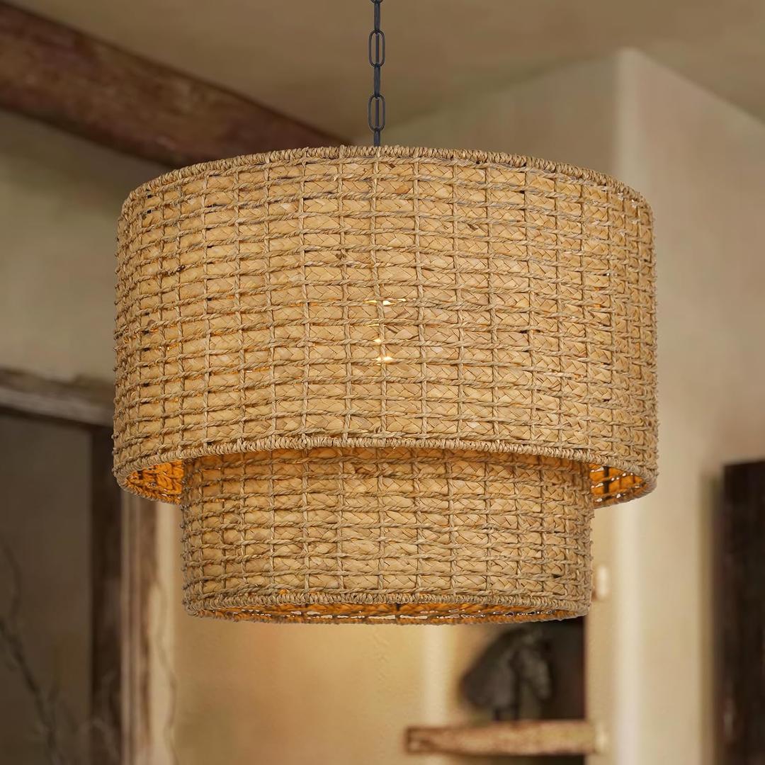 Arturesthome Large Rattan Chandelier Natural Woven Double Drum Pendant Light Vintage Ceiling Hanging Light Fixture for Kitchen Island Bedroom Hallway 23.62" (60cm)