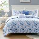 Intelligent Design Vintage Floral Striped Blue Queen Comforter Set, 5pc | Bedding Full Size, Girls Bedroom, Lightweight, All-Season, Down Alternative, Machine Washable, Easy Care, Cozy