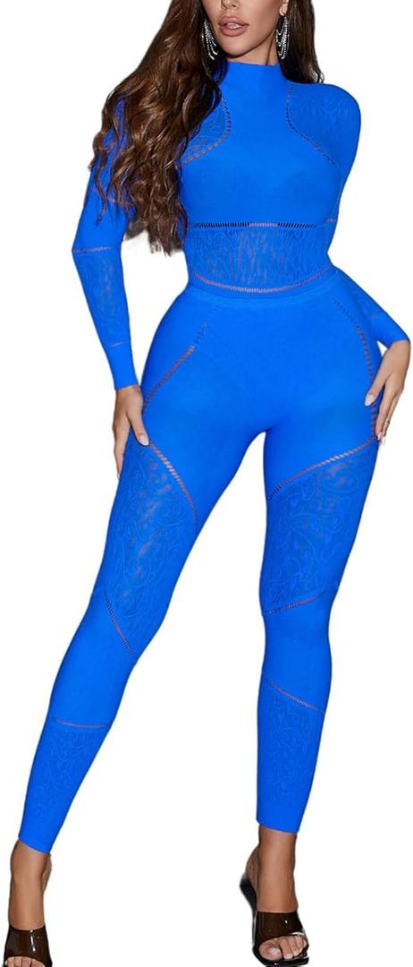 Women's Sexy Seamless Jumpsuit 2 piece outfit, Mock Neck Long Sleeve Bodysuit with Snap Crotch and Leggings Set (Royal Blue) Women's Sexy Seamless Jumpsuit 2 piece outfit, Mock Neck Long Sleeve Bodysuit with Snap Crotch and Leggings Set (Royal Blue)