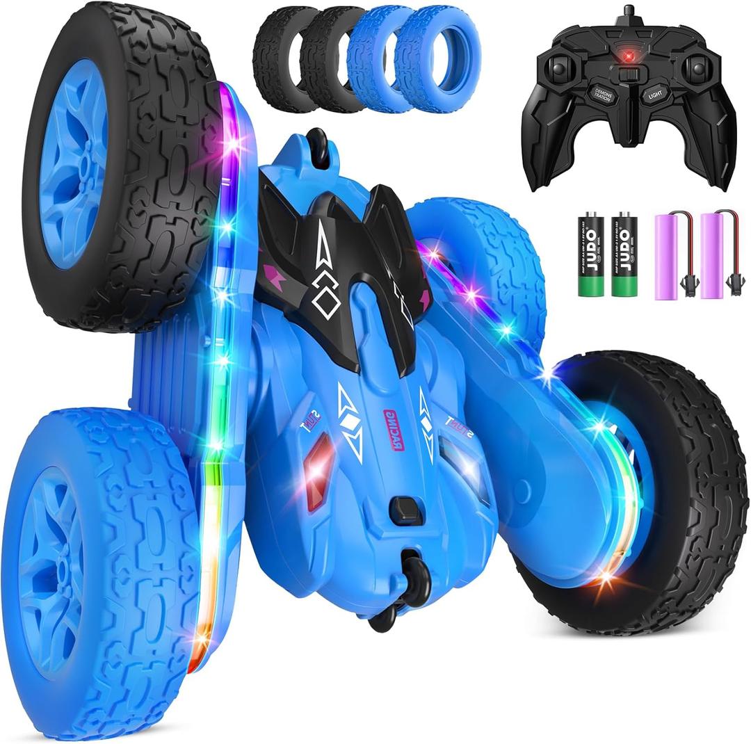 Remote Control Car,RC Cars with Sides Light Strip and Headlights,Double Sided 360 Flips Rotating RC Stunt Car,2.4Ghz All Terrain Toys for Ages 4-8 Kids Toy for Boys Birthday Gift(Blue)