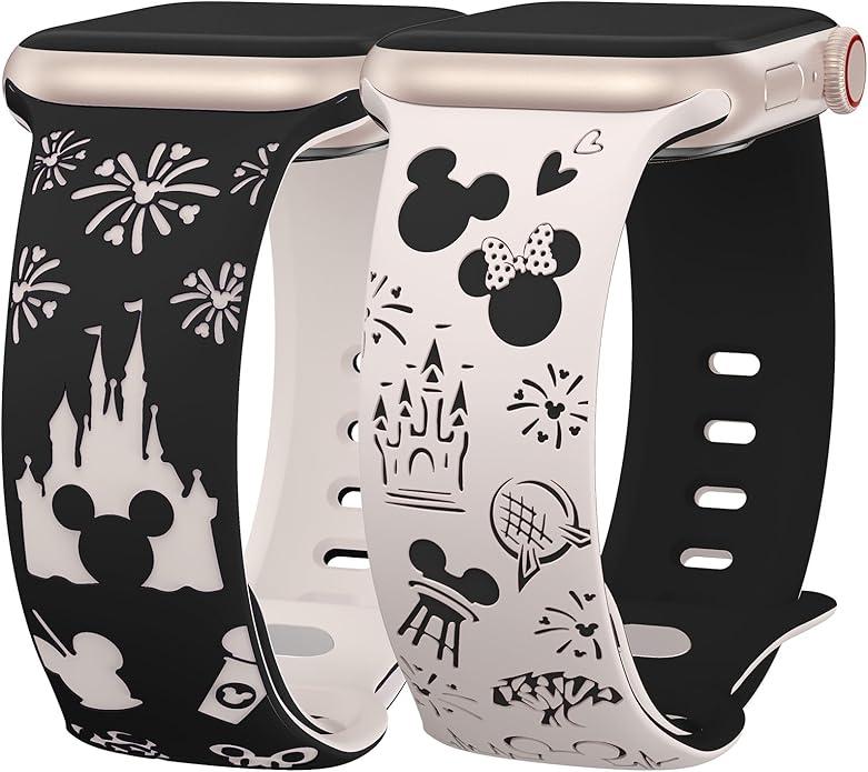 BEEXI 2 Packs Cartoon Engraved Band Compatible with Apple Watch Band 42/41/40/38mm Women TwoTone Cute Soft Silicone Sport Strap for iWatch SE Series 10/9/8/7/6/5/4/3/2/1/Ultra(1/2)