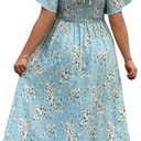 Floerns Women's Plus Size Floral Square Neck Flounce Short Sleeve A Line Maxi Dress (Blue, XXL)