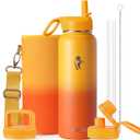 Water Bottle 40 oz Insulated with Straw&Brush, Coolflask Vaccum Stainless Steel Metal 3 Lids Water Flask for Sports, Gym or Office, Keep Cold 48H Hot 24H, Ombre Yellow/Orange
