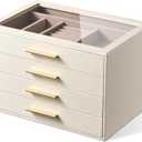 pickpiff Jewelry Box Organizer Case for Women: 4-Layer Jewelry Storage Case with Glass Window, Ivory Leather with Pink Velvet, Holder for Ring Necklace Bracelet Brooch Watch, Great Gift for Her (White)