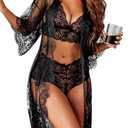 Avidlove Women Sexy Lingerie Set 3 Piece Lace Kimono Robe with Bra and Panty Sheer Sleepwear. SMALL
