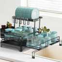 AULEEP 2 Tier Dish Drying Rack, 2-in-1 Expandable Dish Racks for Kitchen Counter, Anti-Rust Large Drainers for Kitchen Sink with Drying Mat, Cups Holder, Utensil Holder