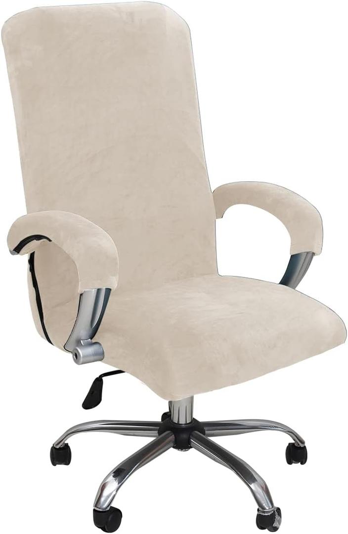 Velvet Plush Stretchable Office Desk Chair Cover Cat Proof with Wheels, Chair Seat Cover with Armrest Protector for Pets & Kids, Removable for Ergonomic Mesh Computer Rolling Chair, Beige, XL