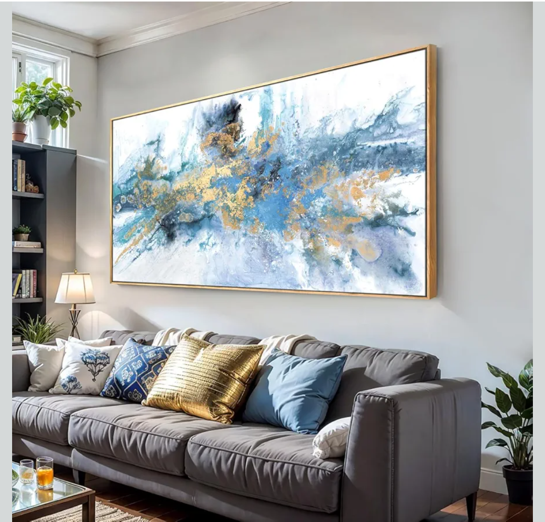 Abstract Navy Blue Canvas Wall Art 40x20in - Framed Artwork for Living Room Bedroom - Modern Colorful Fantasy Painting Ready to Hang Home Decor
