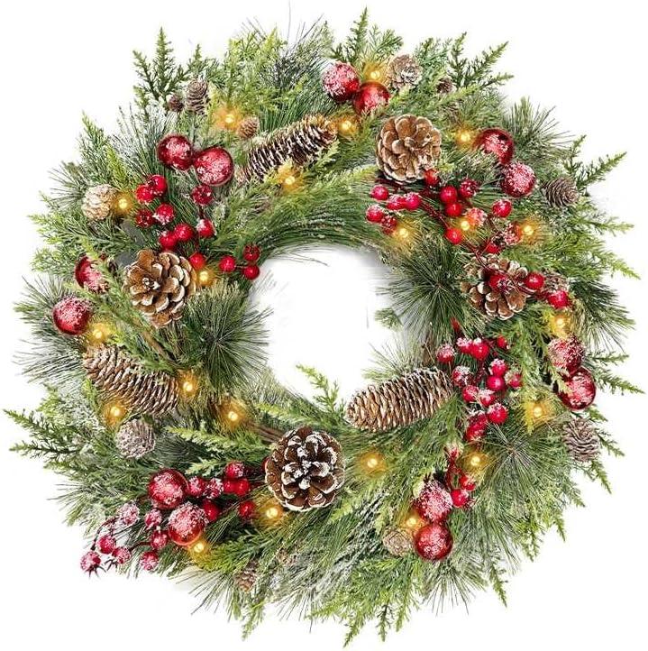 Timer-20 Inch Flocked Christmas Wreaths for Front Door, Lighted Christmas Wreath with 30 LED Warm White Lights, Real Touch Cedar Wreath Cypress Pinecone Red Berry Xmas Wreath Decor Home Outdoor Indoor