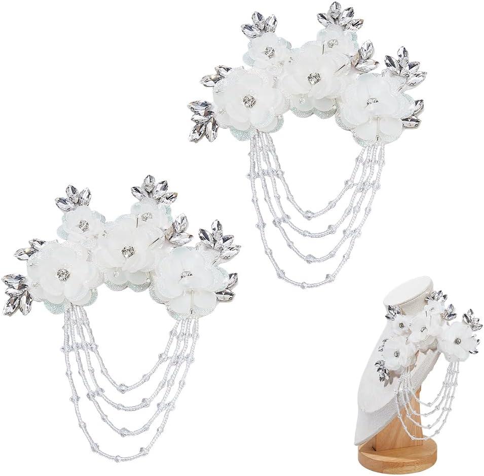 2pcs Sewing Crystal Applique Patch 3D Flower Rhinestone Applique White Crystal Fringe Shoulder Epaulette Flower Appliques for Wedding Dress Clothes Decorative Accessories