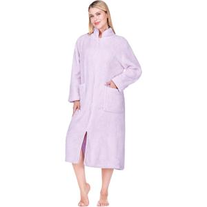 PAVILIA Womens Housecoat Zip Robe, Sherpa Zip Up Front Robe Bathrobe, Plush Warm Zipper House Coat Lounger, Pockets Fluffy (Large-X-Large, Lavender)