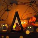 3 Pieces Halloween Lanterns Decoration 6.1" Height Retro Hanging Lamp Halloween Pumpkins Castle Flameless Candle Holder Triangular Lantern for Home Indoor Outdoor Party Supplies