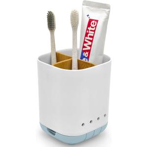 Toothbrush Holder with Bamboo Divider,Detachable for Easy Cleaning Bathroom Countertop Organizer,Plastic 3 Slots Electric Toothbrush and Toothpaste Holders Storage Caddy for Bathroom Vanity,Sink-Blue