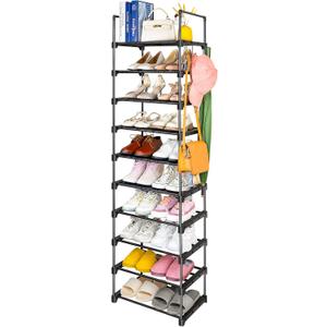 10 Tiers Free Standing Shoe Rack | 20-24 Pairs Shoes Storage Organizer | Stackable Metal Shoe Shelf with Hooks | Space Saving Narrow Shoe Rack for Entryway, Closet, Bedroom, Corner | Black