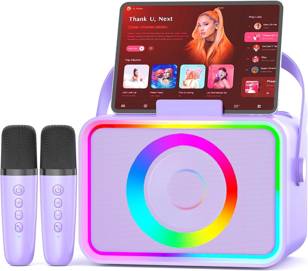 Karaoke Machine,Portable Bluetooth Speaker with 2 Wireless Microphone for Adults & Kids with LED Lights, Karaoke Microphone with PA System Supports USB/TF/AUX,Gift for Party (Purple)
