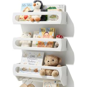 Nursery Book Shelves, Premium Bamboo Wood, Fully Assembled - Nursery Decor, Book Shelf for Kids Rooms, Multi-Use Floating Shelves for Wall with Hanger Bar, Set of 3 (White, 16.5 Inches)