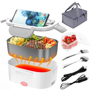 Electric Lunch Box, Food Warmer Heater 12V 24V 110V, 80W Faster Heated Lunch Box for Car/Truck/Home Portable Heating Boxes with 1.5L 304 SS Container Fork & Spoon, White+Gray