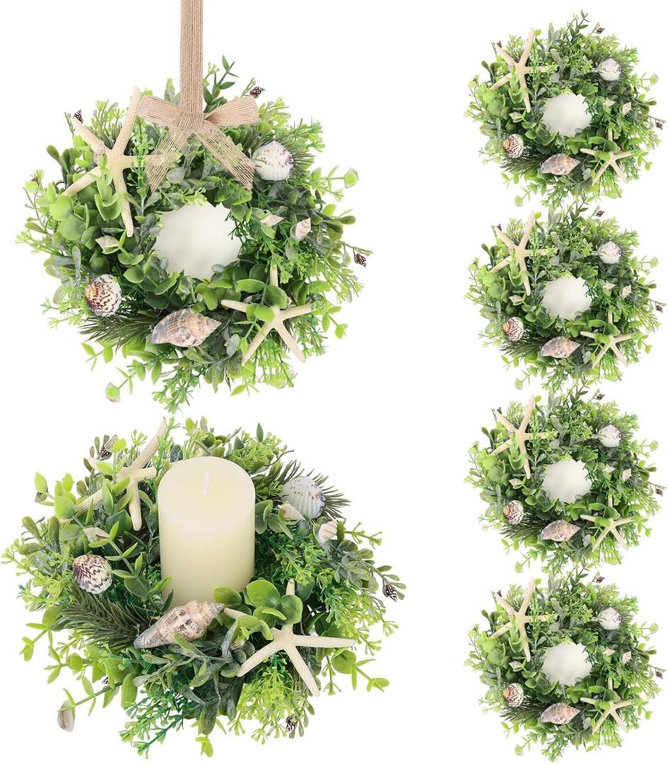 6 Pcs Seashell Starfish Candle Rings Wreaths Mini Spring Summer Candle Rings Wreaths Rustic Farmhouse Wreath with Shell Conch Starfish for Wedding Party All Seasons Home Table Decoration