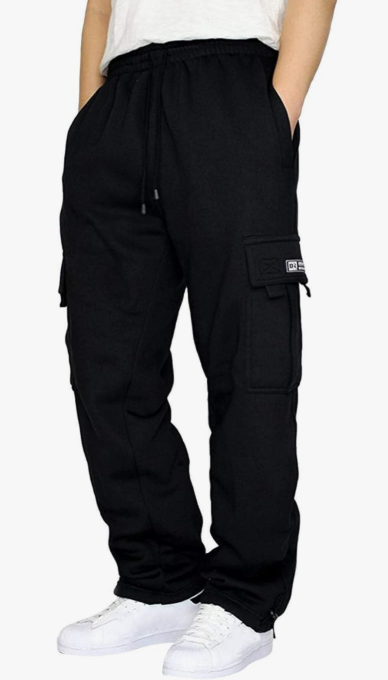 Men's Cargo Sweatpants Casual Fleece Joggers Loose Fit Open Bottom Athletic Pants for Men with Pockets, Size XL, Black