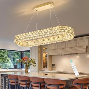 Modern Oval LED Crystal Chandelier for Dining Room Dimmbale Pendant Light with Remote Rectangular Light Fixture for Living Room Kitchen Island Gold, Oval 40"