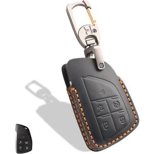 Leather Key Fob Cover, Compatible with 2021/2022/2023/2024/2025 GMC Yukon Denali Sierra, For Chevy Silverado Suburban Tahoe Buick etc, Retro Style Design Key Holder Protector(5 Button, Black)