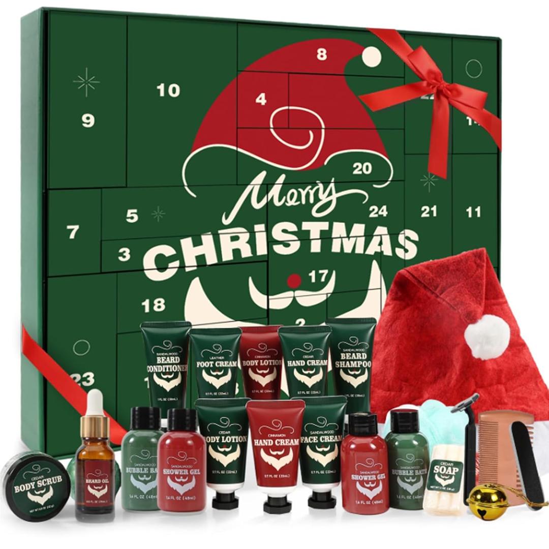 Advent Beauty Calendar for Adults 2025 Rinse & Robust Beard Care Kit Christmas Gifts for Men Skincare Beauty Advent Calendar for Men Christmas 24 Days Countdown Calendar Beard Care Grooming (Green)