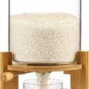 Rice Dispenser, Rice Storage ContainerFlour and Cereal Container with Airtight Lid and Wooden Stand, Glass Food Storge Container for Kitchen Organization and Pantry Store (5L)